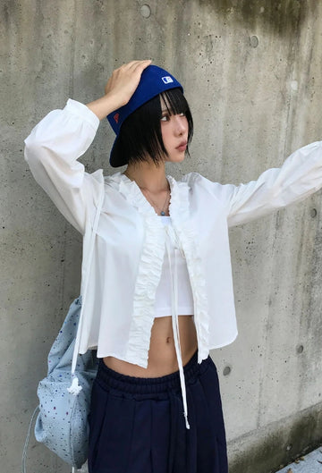 OPEN FRONT FRILL BLOUSE